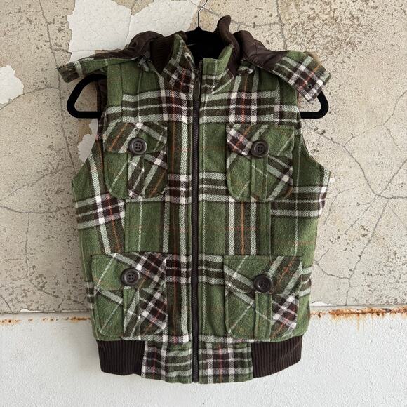 Y2K Puffer Vest Green Plaid Wool Blend Faux Fur Hood Quilted Lining Womens Prep - Picture 1 of 9